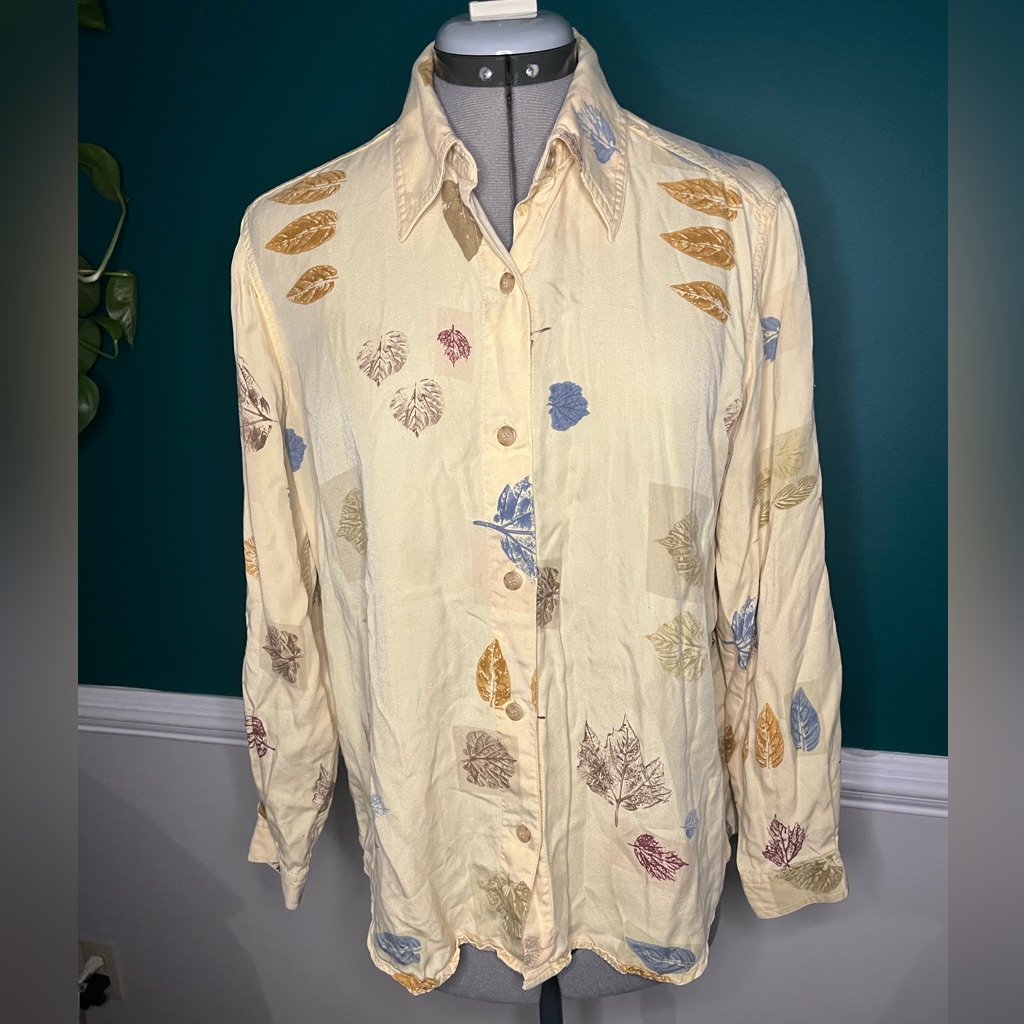 Vintage Liz Claiborne Autumn Leaves Button Down Light Yellow Earth Tones